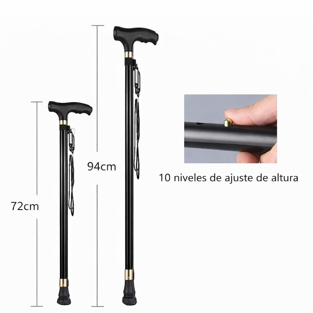 Bastón Ajustable Luz Led Antiderrapante Mango Ergonómico Negro