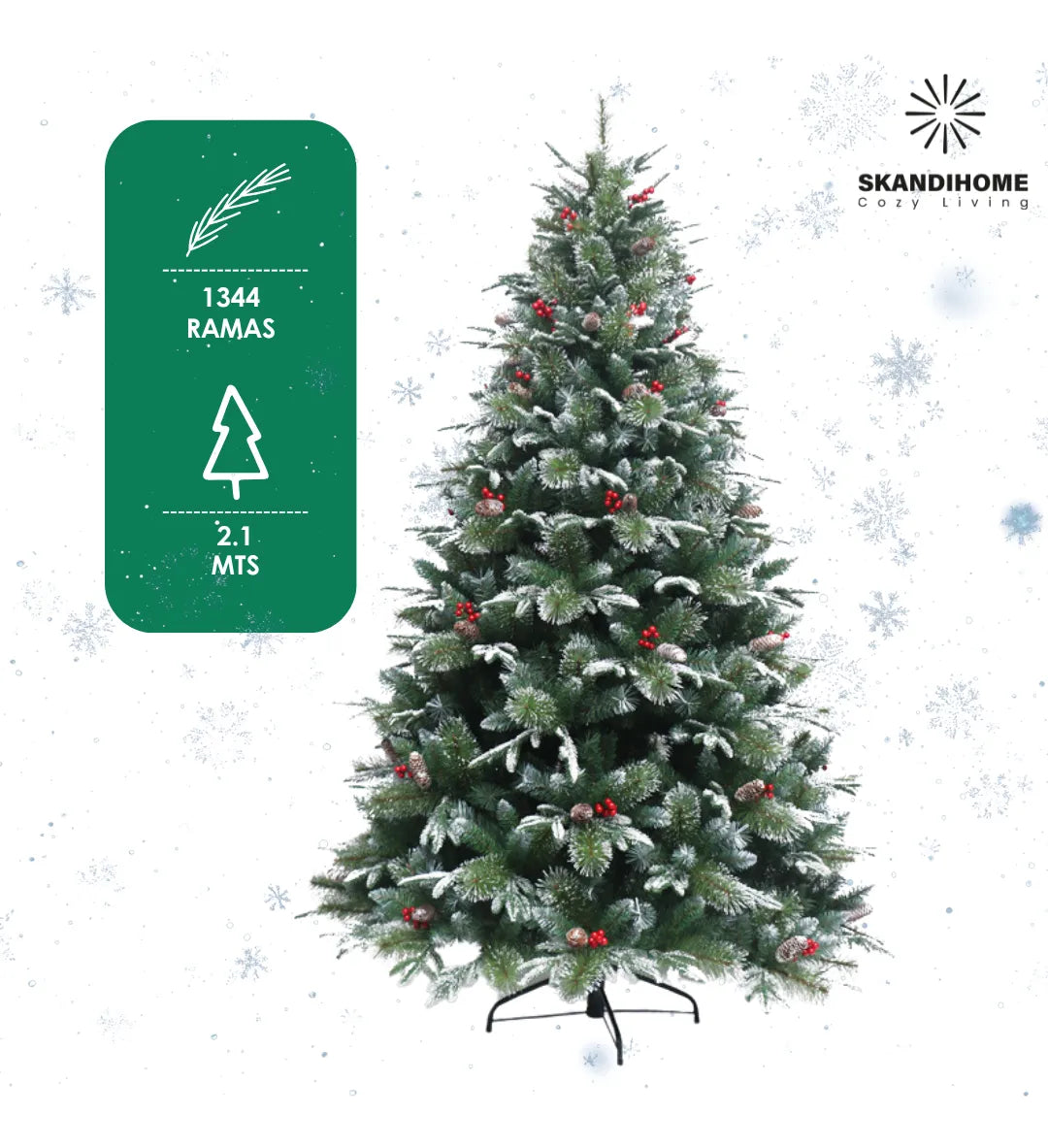 Arbol Navidad Artificial Nevado Piñas Cerezas 2.1m Pino Verde