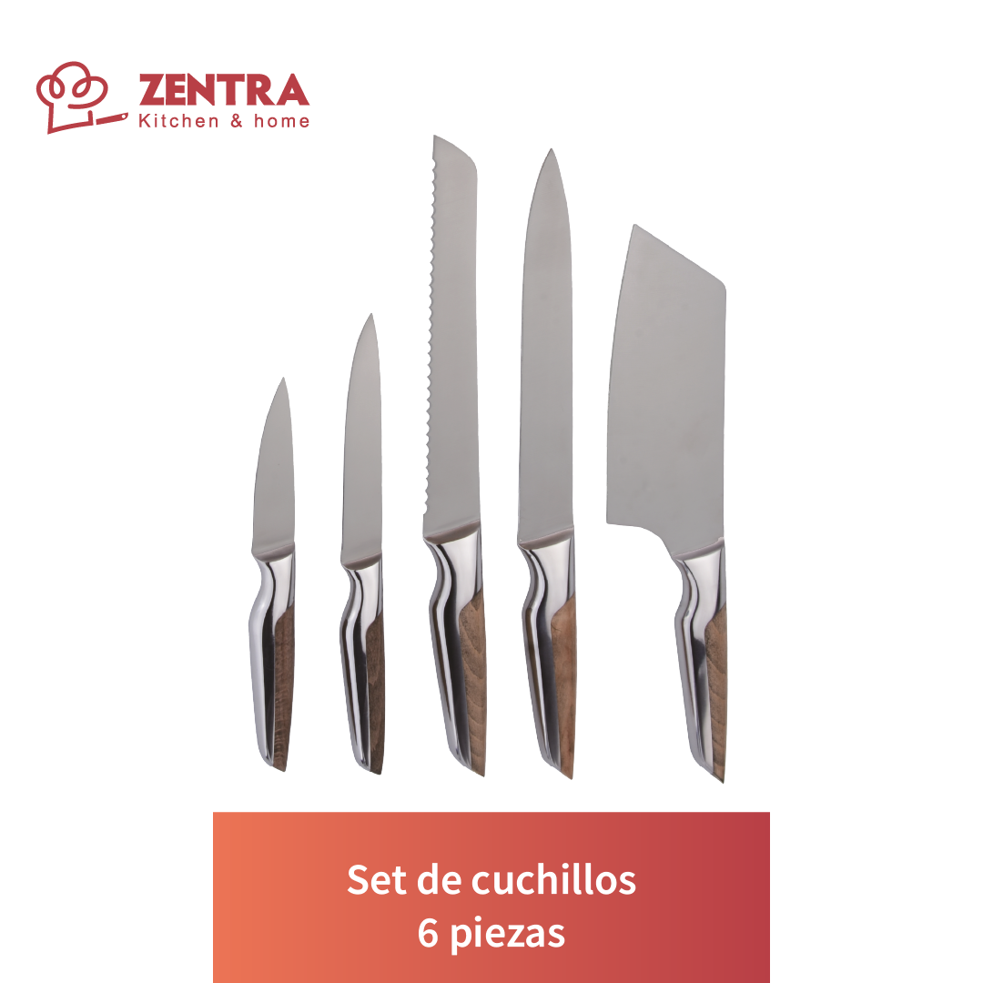 SET DE 6PCS DE CUCHILLOS KNIVES TABLA COLOR MADERA
