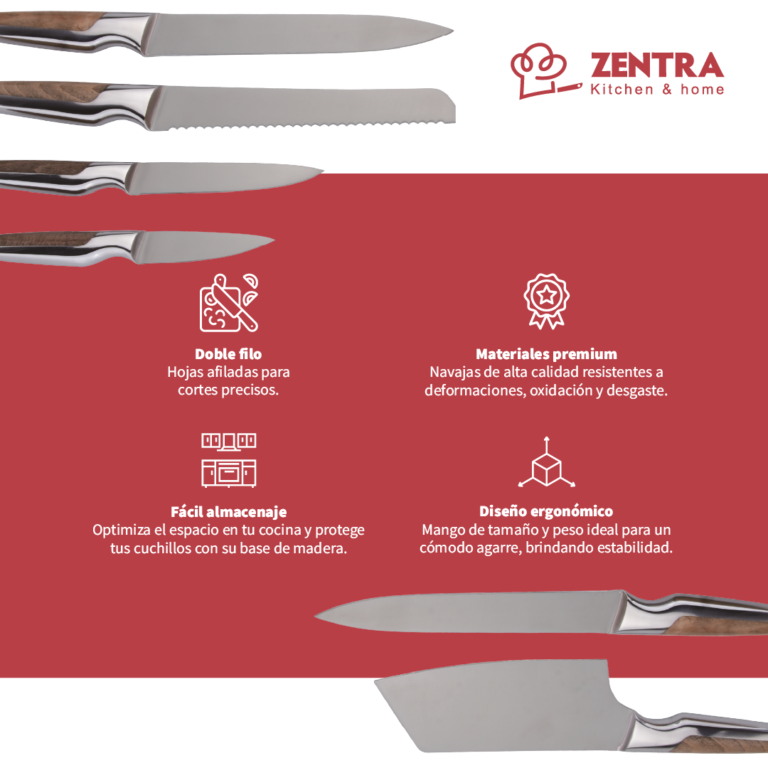 SET DE 6PCS DE CUCHILLOS KNIVES TABLA COLOR MADERA