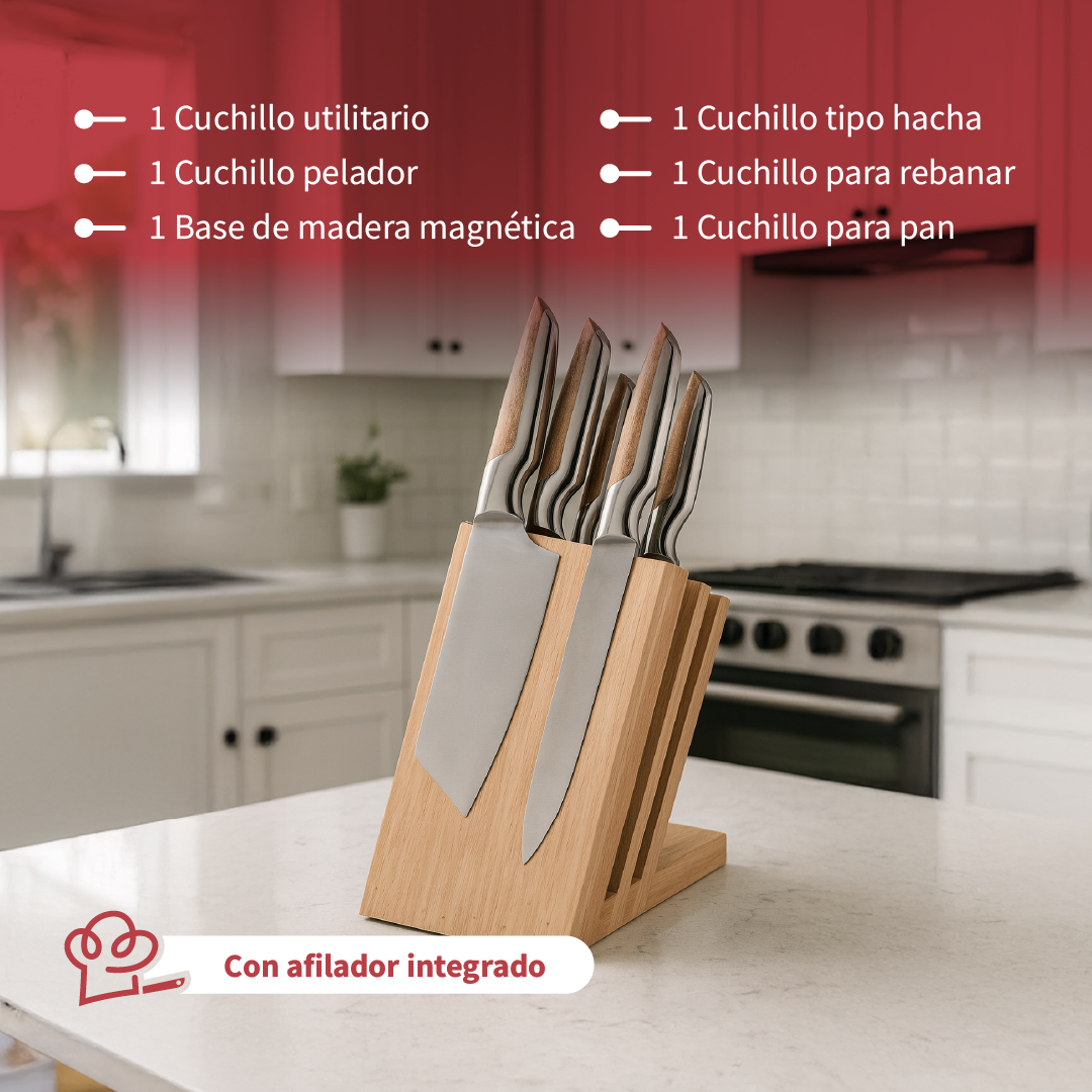 SET DE 6PCS DE CUCHILLOS KNIVES TABLA COLOR MADERA