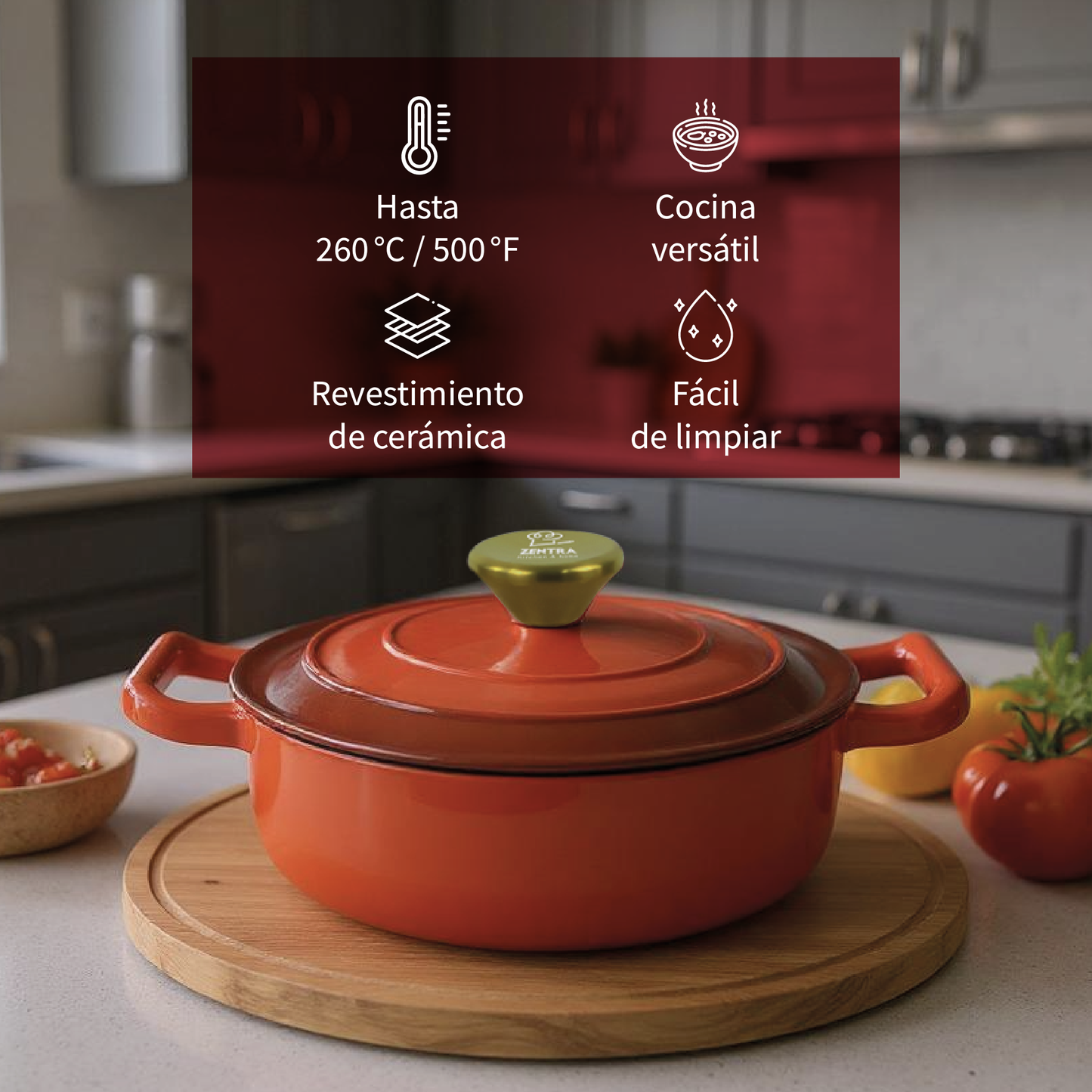 Cacerola Hierro Fundido Esmaltada Cocina Olla 4.74lts Zentra