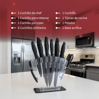 SET DE 14 PZS DE CUCHILLOS ZENTRA BASE  DE ACRILICO