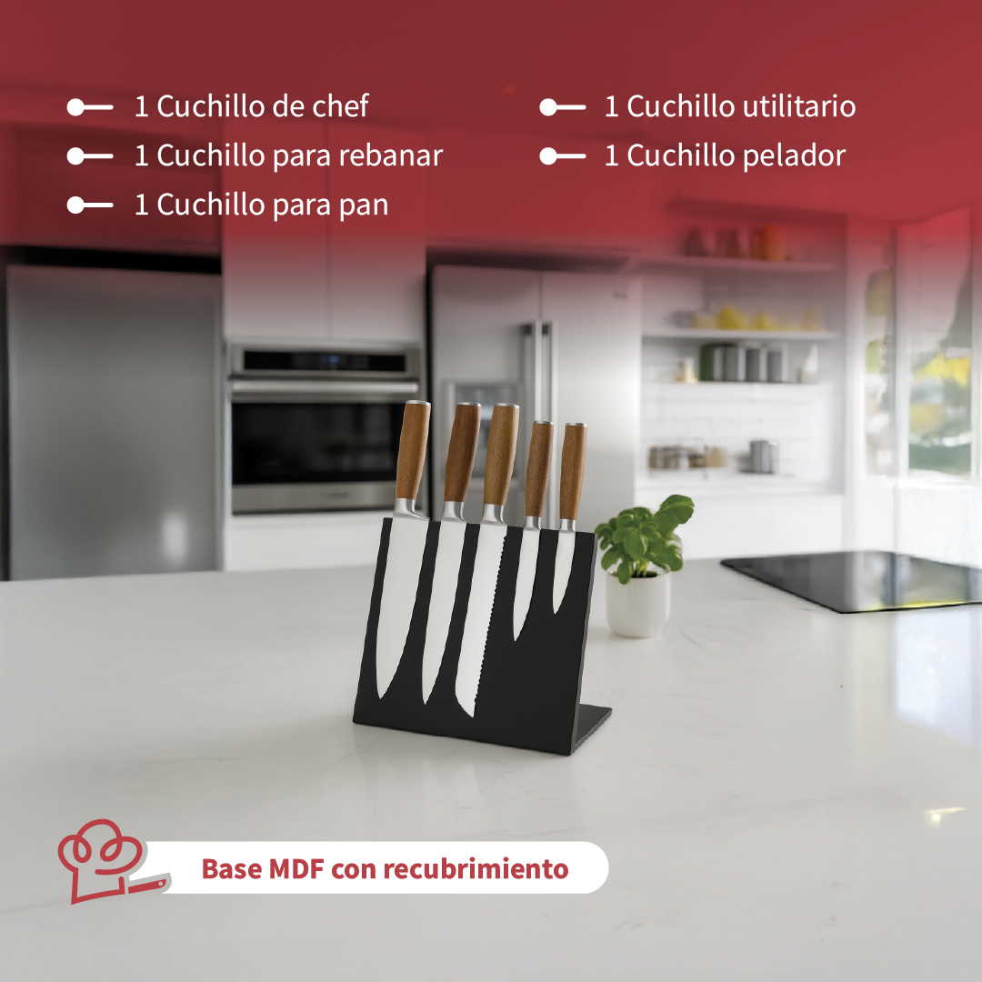 SET DE 6 PZS DE CUCHILLOS ZENTRA TABLA CON IMAN COLOR NEGRA