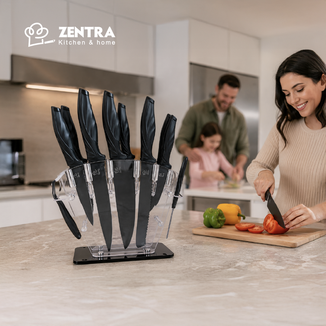 SET DE 14 PZS DE CUCHILLOS ZENTRA BASE  DE ACRILICO