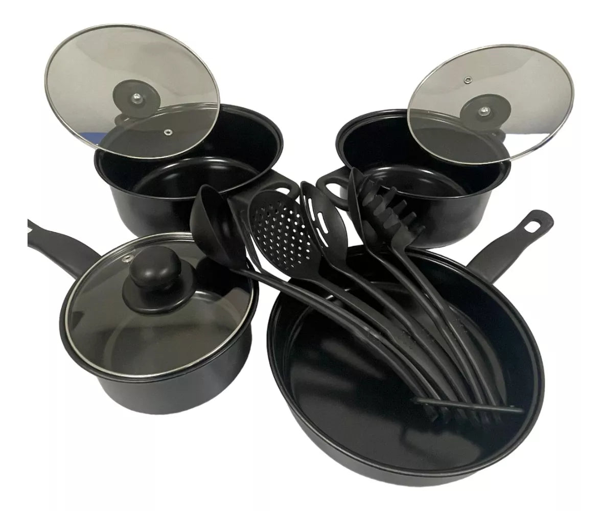 Juego Bateria Cocina Con Tapa Y Cucharones 14pzas Hierro