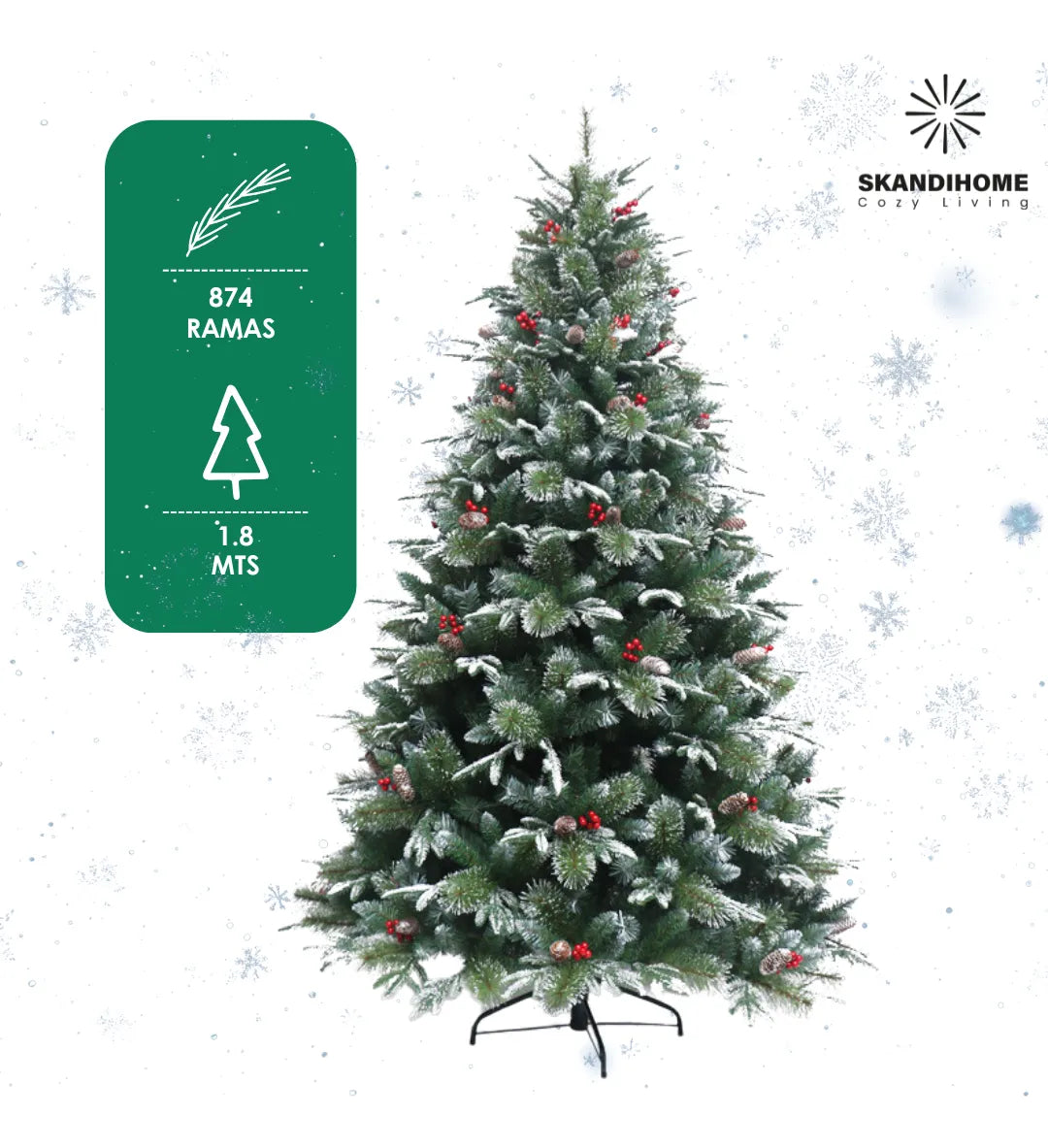 Arbol Navidad Artificial Nevado Piñas Cerezas 1.8m Pino
