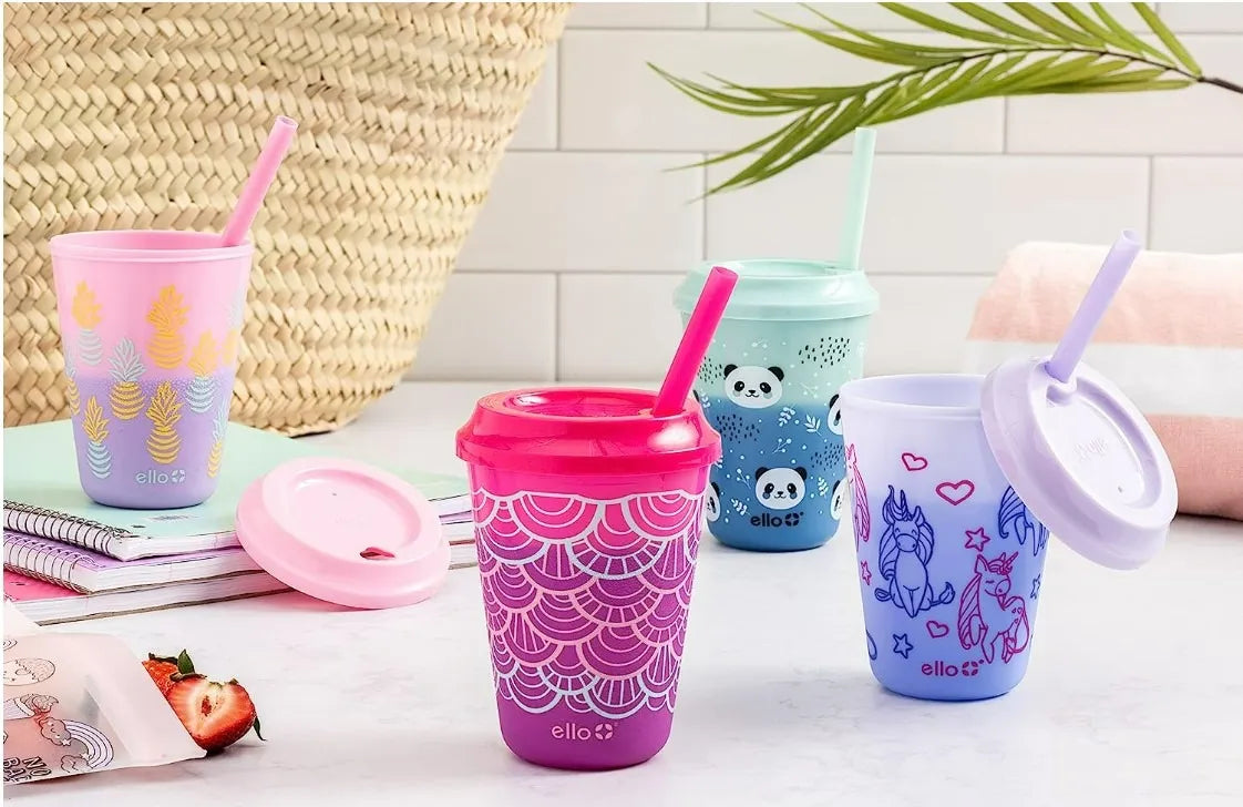 4 Vasos Reusable Cambia De Color Popote Tapa Niños