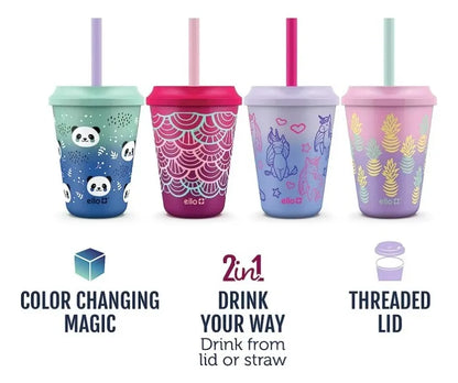 4 Vasos Reusable Cambia De Color Popote Tapa Niños