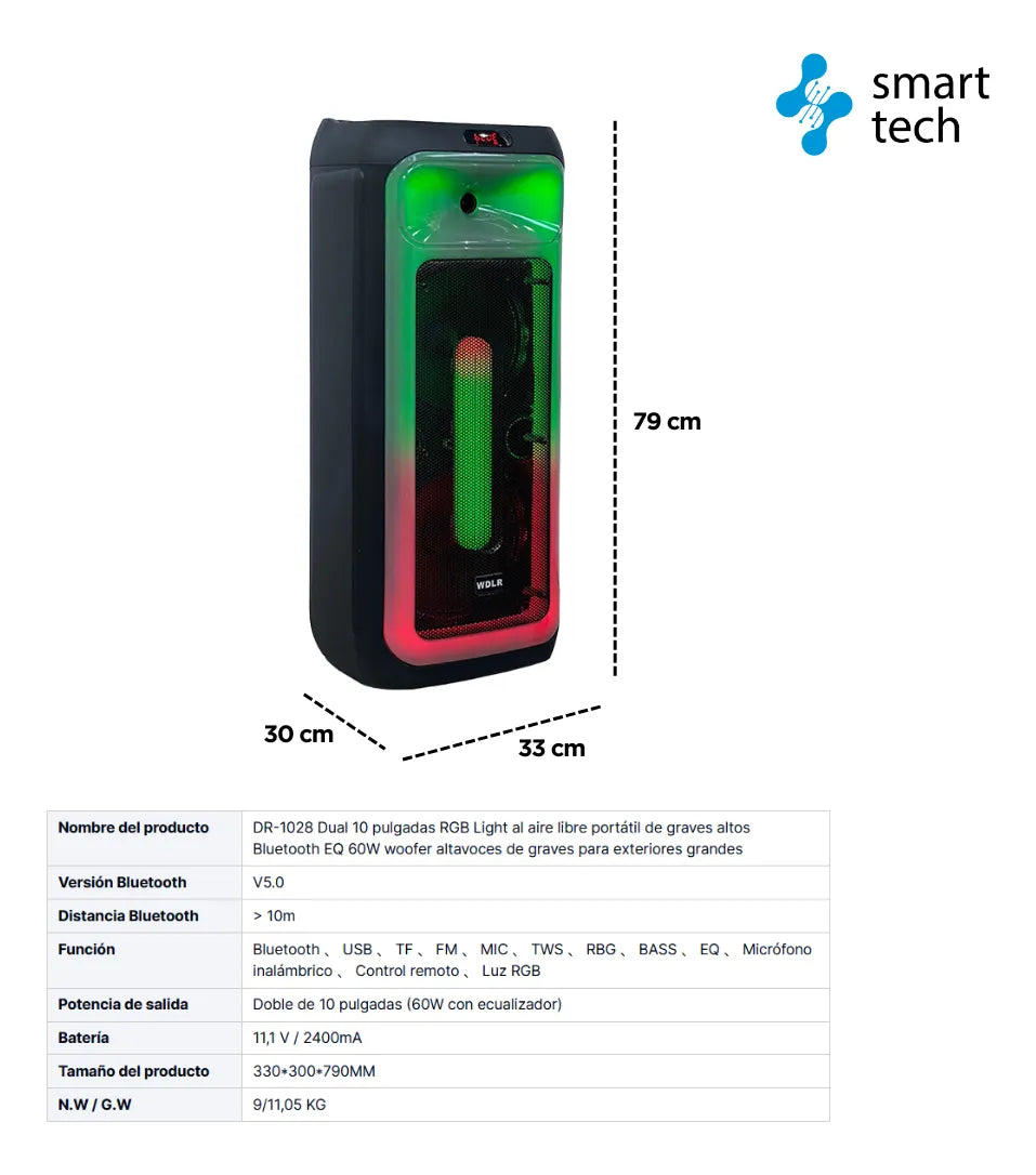 Bocina Sistema De Sonido Portátil 10 Pulgadas 60w Luces Led