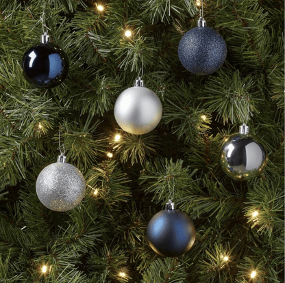 Set 50 Esferas Adornos Navideños Arbol Navidad Plastico Azul Plata Plateadas