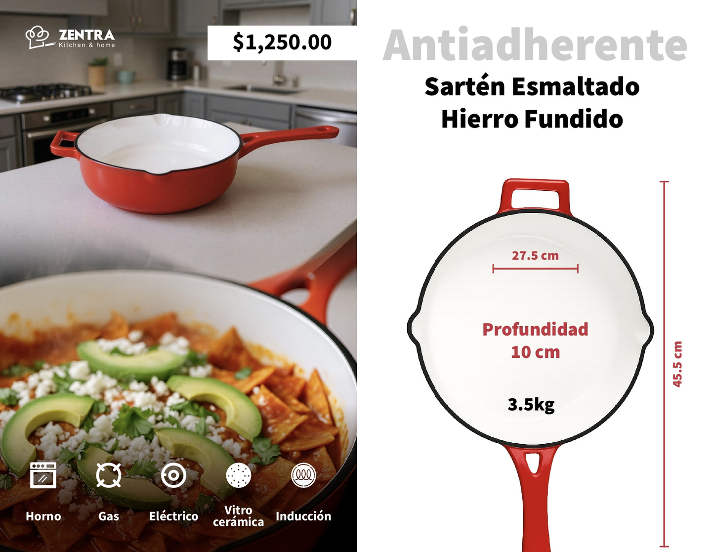 Bateria de cocina Esmaltada Hierro Fundido Antiadherente ZENTRA 7pz