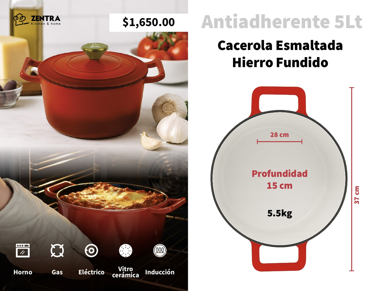 Bateria de cocina Esmaltada Hierro Fundido Antiadherente ZENTRA 7pz