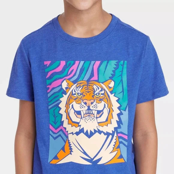 Playera de manga corta con estampado de tigre de la jungla para niño - Azul