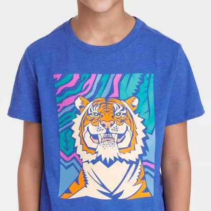 Playera de manga corta con estampado de tigre de la jungla para niño - Azul